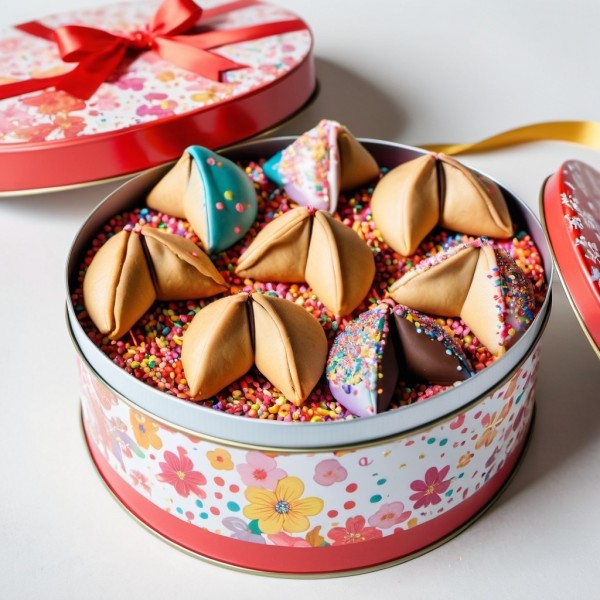 Fortune cookies colored with sprinkles