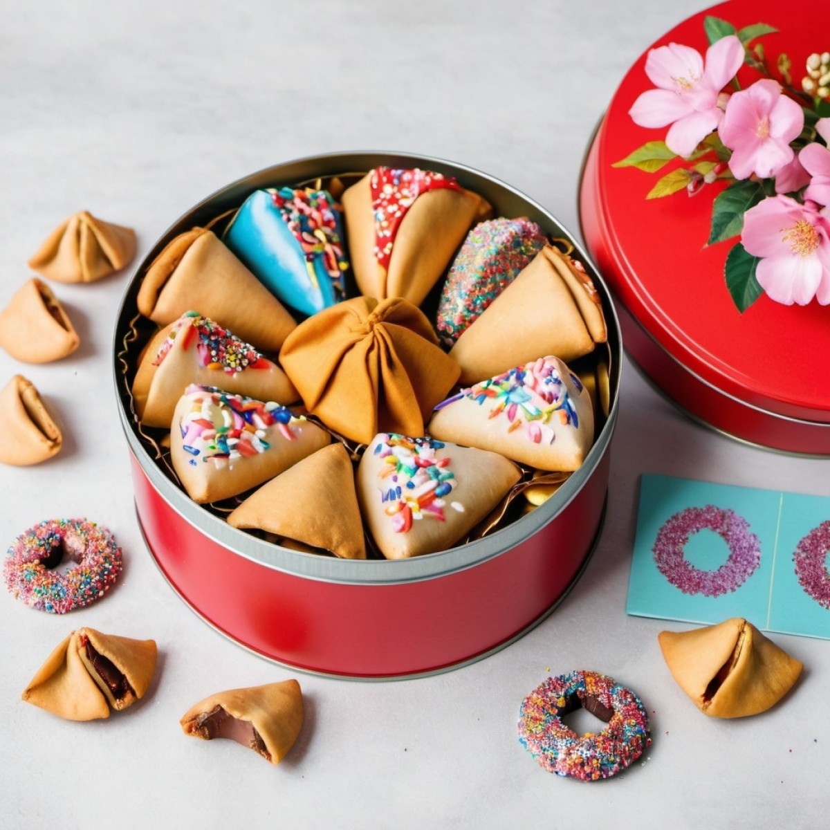 Fortune cookies colored with sprinkles